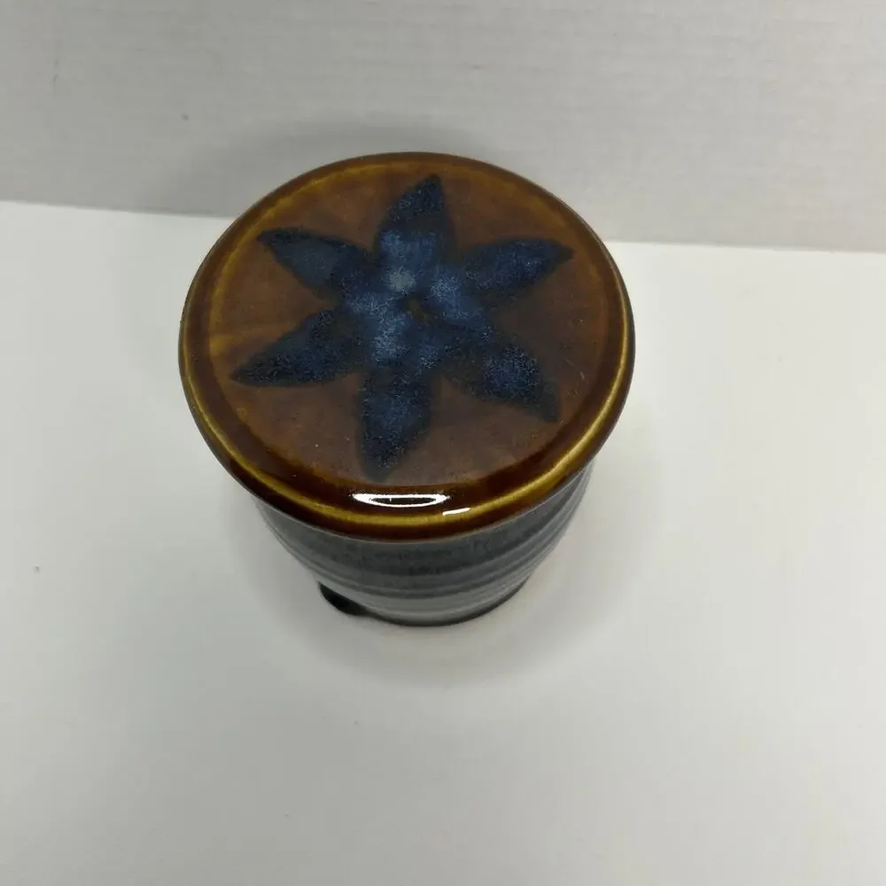 Studio Pottery Artisan French Style Butter Bell Crock Blue Drip Glaze Signed